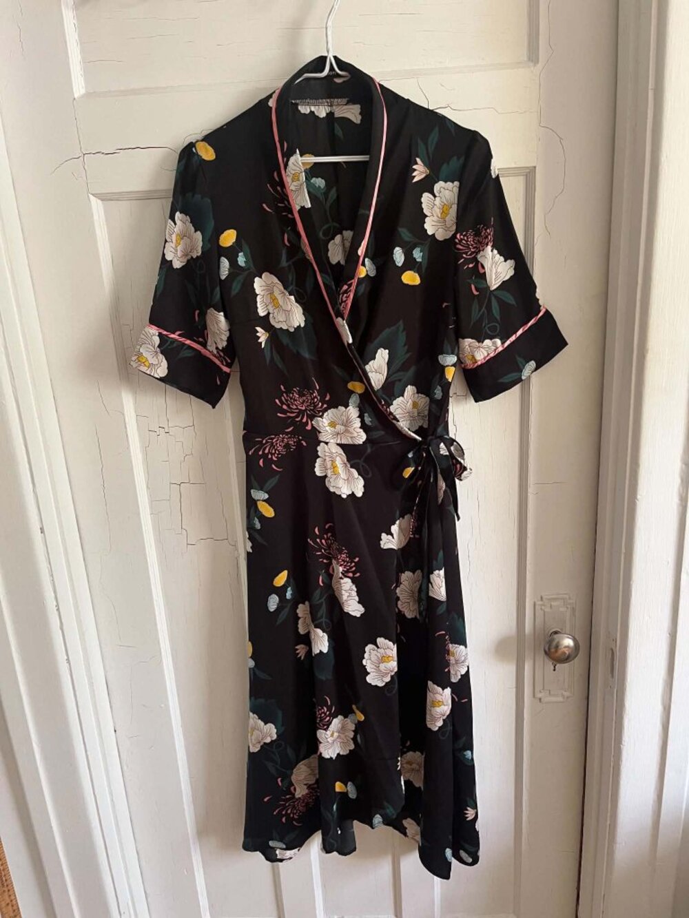 Black satin kimono dress with white floral print